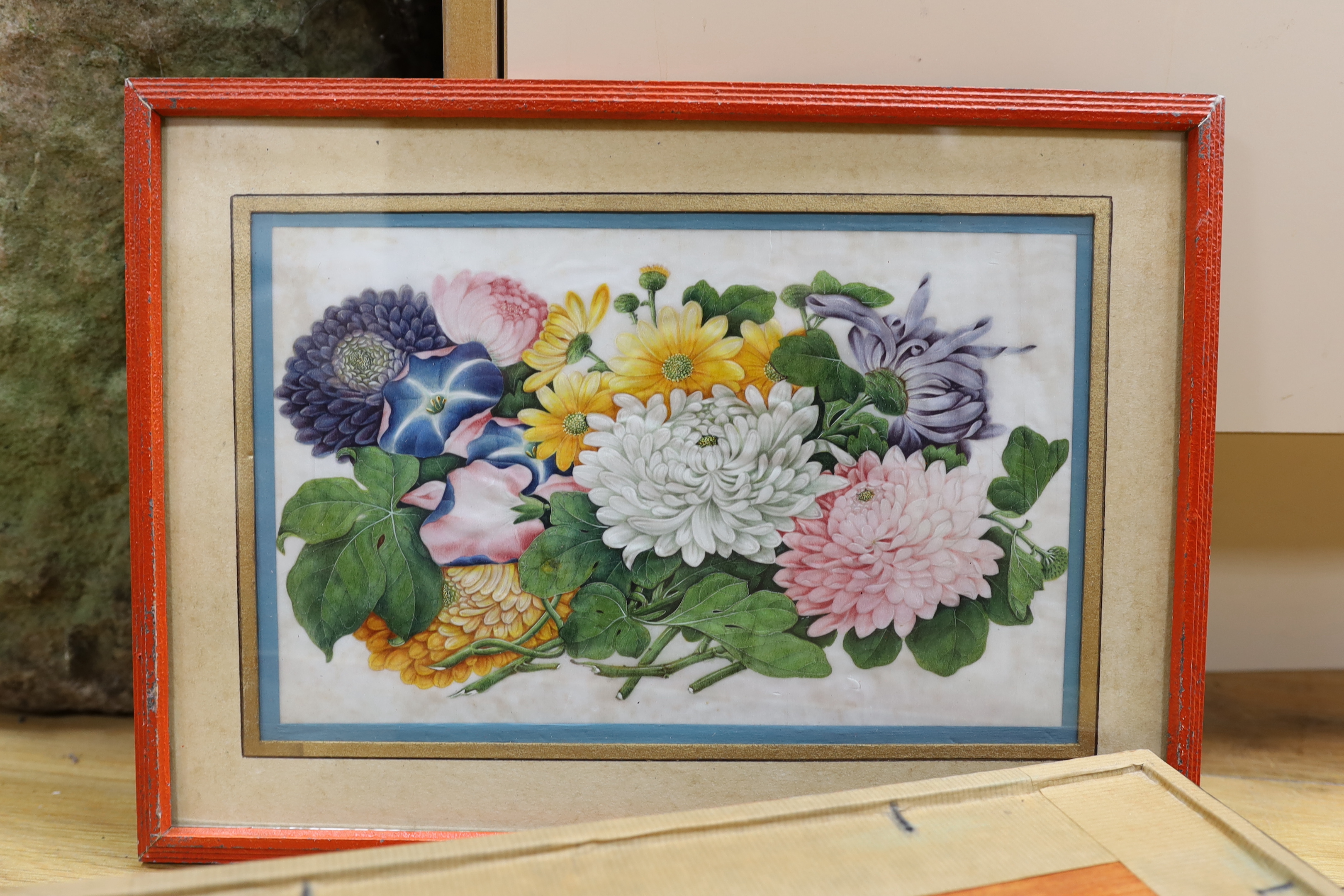 Chinese School, three gouaches on pith paper, Flowers and butterflies, 16 x 26cm